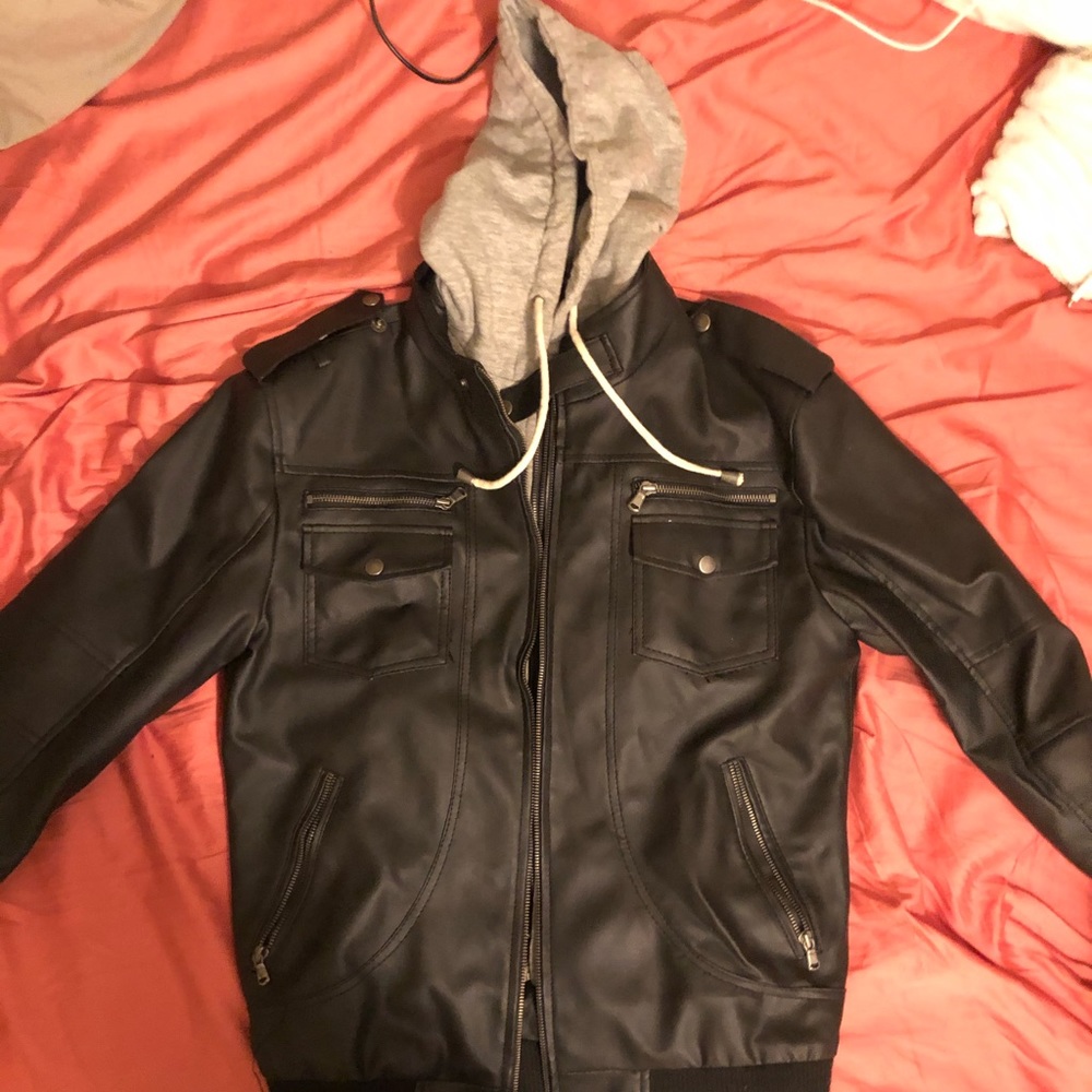 Men Hooded leather jacket medium